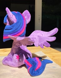 Size: 1606x2048 | Tagged: safe, artist:rtryart, derpibooru import, twilight sparkle, twilight sparkle (alicorn), alicorn, pony, female, horn, irl, mare, photo, plushie, sitting, smiling, solo, spread wings, wings