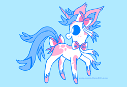Size: 1316x900 | Tagged: safe, artist:msponies, derpibooru import, pony, unicorn, bow, freckles, light blue background, male, ms paint, open mouth, open smile, pokémon, raised hoof, raised leg, simple background, smiling, solo, species swap, sylveon, tail, tail bow, unshorn fetlocks