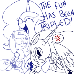 Size: 1024x1024 | Tagged: safe, artist:chandelurres, derpibooru import, nightmare moon, princess luna, alicorn, pony, cross-popping veins, emanata, female, filly, foal, hug, mare, monochrome, pictogram, self paradox, self ponidox, simple background, the fun has been doubled, trio, white background, woona, younger