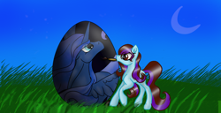 Size: 1366x698 | Tagged: safe, artist:nutmeg04, derpibooru import, princess luna, oc, oc:nutmeg, earth pony, pony, earth pony oc, easter, easter egg, grass, grass field, holiday, multicolored hair, painting, simple background, solo