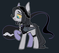 Size: 2057x1857 | Tagged: safe, artist:shika, derpibooru import, oc, oc only, bat pony, pony, bat wings, clothes, colored sclera, cross, dark gray background, ear fluff, ear piercing, earring, ears, fangs, female, folded wings, frown, goth, jewelry, mare, piercing, raised hoof, raised leg, simple background, solo, wings