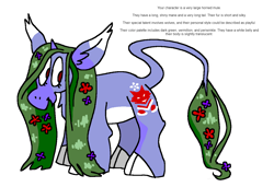 Size: 1316x900 | Tagged: safe, artist:msponies, derpibooru import, oc, oc only, hybrid, mule, muleicorn, cloven hooves, flower, flower in hair, horn, leonine tail, ms paint, oc creator, open mouth, open smile, perchance, simple background, smiling, solo, tail, text, white background