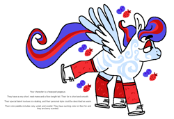 Size: 1316x900 | Tagged: safe, artist:msponies, derpibooru import, oc, oc only, pegasus, pony, body markings, chubby, clothes, coat markings, ice skating, lidded eyes, ms paint, oc creator, perchance, raised leg, simple background, socks, solo, spread wings, swirls, swirly markings, tail, text, white background, wings