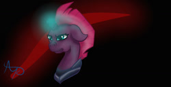 Size: 1024x523 | Tagged: safe, artist:nutmeg04, derpibooru import, tempest shadow, pony, unicorn, angry, broken horn, bust, female, glowing, glowing horn, horn, looking offscreen, mare, scowl, simple background, solo