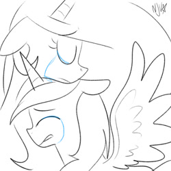 Size: 1024x1024 | Tagged: safe, artist:chandelurres, derpibooru import, princess celestia, princess luna, alicorn, pony, crying, duo, female, horn, mare, simple background, sketch, wings