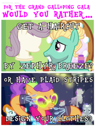 Size: 963x1277 | Tagged: safe, derpibooru import, screencap, joan pommelway, plaid stripes, roger silvermane, sterling silver, strawberry ice, zephyr breeze, earth pony, pegasus, pony, flutter brutter, the saddle row review, bust, clothes, female, filly, foal, glasses, mannequin, mirror, ponytail, spoon, text, would you rather