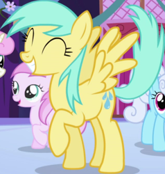 Size: 638x671 | Tagged: safe, derpibooru import, screencap, linky, piña colada, shoeshine, sunshower raindrops, twinkleshine, pegasus, pony, friendship is magic, background character, background pony, cropped, female, mare, solo focus, spread wings, wings