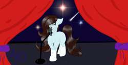 Size: 1366x698 | Tagged: safe, artist:nutmeg04, derpibooru import, oc, oc only, oc:nutmeg, earth pony, pony, curtains, earth pony oc, female, mare, microphone, simple background, singing, solo, stage