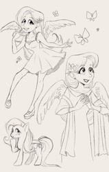 Size: 1303x2048 | Tagged: safe, artist:misskali7, derpibooru import, edit, fluttershy, butterfly, human, pegasus, pony, clothes, dress, female, flower, flower in hair, humanized, monochrome, sketch, traditional art, winged humanization, wings