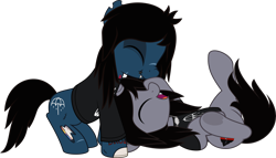 Size: 4999x2859 | Tagged: safe, artist:jhayarr23, derpibooru import, earth pony, pony, undead, unicorn, zombie, zombie pony, bone, boop, bring me the horizon, clothes, commission, cute, disguise, disguised siren, duo, duo male, eyes closed, fangs, gay, happy, jewelry, kellin quinn, leaning over, lip piercing, long sleeves, lying down, male, necklace, oliver sykes, on back, open mouth, piercing, scar, shipping, shirt, sleeping with sirens, t-shirt, tattoo, torn ear, underhoof, ych result