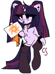 Size: 764x1024 | Tagged: safe, artist:cutiesparke, derpibooru import, twilight sparkle, pony, semi-anthro, :p, alternate design, alternate hairstyle, alternate universe, belly button, bracelet, butt fluff, chest fluff, choker, clothes, ear fluff, ear piercing, earring, ears, female, horn, horn jewelry, jewelry, piercing, raised leg, ribbon, sign, solo, stockings, sun, thigh highs, tongue, tongue out, unamused