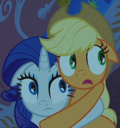 Size: 530x565 | Tagged: safe, derpibooru import, screencap, applejack, rarity, earth pony, pony, unicorn, look before you sleep, season 1, duo, duo female, female, hug, mare