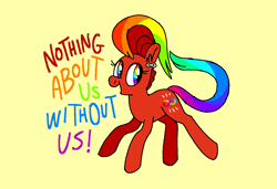 Size: 1316x900 | Tagged: safe, artist:msponies, derpibooru import, oc, oc only, earth pony, pony, autism, female, mare, ms paint, multicolored hair, open mouth, open smile, rainbow hair, rainbow tail, simple background, smiling, tail, world autism awareness day, yellow background