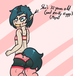 Size: 954x1000 | Tagged: safe, artist:lazerblues, derpibooru import, oc, oc only, oc:mistake, changeling, hybrid, satyr, bra, changeling oc, clothes, female, horn, kirby, kirby (series), offspring, panties, parent:queen chrysalis, ponytail, solo, underwear