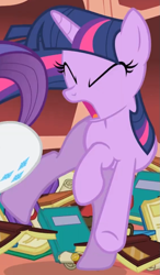 Size: 561x961 | Tagged: safe, derpibooru import, screencap, rarity, twilight sparkle, unicorn twilight, pony, unicorn, season 1, sonic rainboom (episode), book, bookshelf, butt, butt bump, butt smash, context is for the weak, cropped, eyes closed, female, mare, now go on, offscreen character, open mouth, out of context, plot, pushing, rump push, solo focus