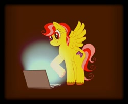 Size: 960x780 | Tagged: safe, anonymous artist, derpibooru import, oc, oc only, oc:quick tap, pegasus, pony, brown background, computer, female, laptop computer, mare, simple background, wings