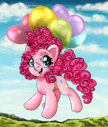 Size: 1800x2100 | Tagged: safe, artist:aalwa, derpibooru import, pinkie pie, earth pony, pony, balloon, cloud, flying, open mouth, sky