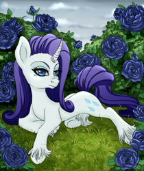 Size: 2100x2500 | Tagged: safe, artist:aalwa, derpibooru import, rarity, pony, unicorn, curved horn, flower, garden, horn, leg fluff, lying down, rose