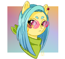Size: 2000x1800 | Tagged: safe, artist:aalwa, derpibooru import, oc, oc only, oc:nana, earth pony, pony, abstract background, ear piercing, earring, glasses, gradient background, jewelry, piercing, simple background