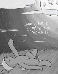 Size: 539x683 | Tagged: safe, derpibooru import, oc, oc only, oc:droner, original species, plane pony, cloud, cloudy, depressed, drone, feels, feels bad man, grass, grayscale, looking up, lying down, monochrome, moon, on back, plane, stargazing, starry night, stars