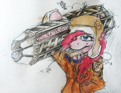 Size: 1919x1470 | Tagged: safe, artist:quiet-victories, derpibooru import, pinkie pie, earth pony, pony, bomber jacket, clothes, female, gun, hat, jacket, mare, simple background, smiling, solo, traditional art, weapon, white background