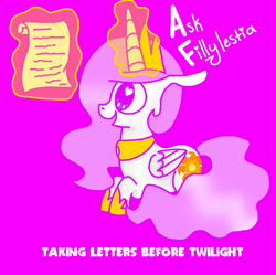 Size: 793x791 | Tagged: safe, artist:chandelurres, derpibooru import, princess celestia, alicorn, pony, female, filly, foal, letter, magic, simple background, solo