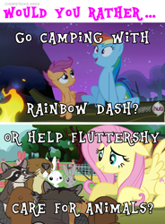 Size: 1006x1368 | Tagged: safe, derpibooru import, edit, edited screencap, screencap, angel bunny, fluttershy, rainbow dash, scootaloo, beaver, pegasus, pony, raccoon, magic duel, sleepless in ponyville, campfire, camping, female, filly, foal, log, male, mare, sitting, text, would you rather