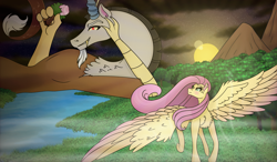 Size: 3300x1932 | Tagged: safe, artist:scarletextreme, derpibooru import, discord, fluttershy, draconequus, pegasus, pony, blushing, duo, duo male and female, female, flower, grin, hand on head, high res, lying down, male, mare, mountain, mountain range, on back, river, smiling, spread wings, sunset, water, wing fluff, wings