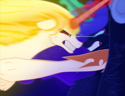 Size: 2605x2000 | Tagged: safe, artist:scarletextreme, derpibooru import, daybreaker, nightmare moon, alicorn, pony, duo, ethereal mane, female, fiery mane, fight, glowing, glowing horn, horn, looking at each other, looking at someone, mare, punch, sharp teeth, stare, teeth