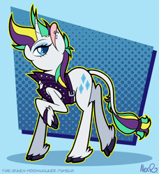 Size: 2164x2368 | Tagged: safe, artist:the-irken-moonwalker, derpibooru import, rarity, unicorn, alternate hairstyle, bracelet, clothes, jacket, jewelry, leather, leather jacket, leonine tail, mohawk, piercing, punk, raripunk, simple background, studs, tail