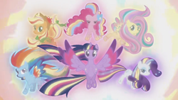 Size: 2208x1242 | Tagged: safe, derpibooru import, screencap, applejack, fluttershy, pinkie pie, rainbow dash, rarity, twilight sparkle, alicorn, earth pony, pegasus, pony, unicorn, g4, twilight's kingdom, mane six, rainbow power, rainbow power-ified