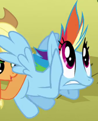 Size: 339x420 | Tagged: safe, derpibooru import, screencap, applejack, rainbow dash, pony, fall weather friends, season 1, cropped, duo, female, great moments in animation, mare, offscreen character, smear frame, solo focus