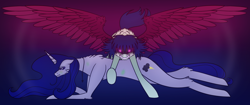 Size: 3206x1351 | Tagged: safe, artist:scarletextreme, derpibooru import, oc, oc only, oc:scarlet reign, oc:thunderstorm, pegasus, pony, unicorn, duo, female, fluffy, glowing, glowing eyes, growling, looking at you, lying down, mare, prone, protecting, raised hoof, raised leg, spread wings, wings