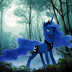 Size: 1536x1536 | Tagged: safe, derpibooru import, editor:sweetai belle, generator:stable diffusion, machine learning assisted, machine learning generated, forest, forest background, moon, moonlight, tree