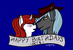 Size: 1192x828 | Tagged: safe, artist:wing, derpibooru exclusive, derpibooru import, oc, oc only, oc:autumn tea, oc:trigger, pony, unicorn, birthday gift art, bust, couple, duo, eyes closed, female, gift art, hat, imminent kissing, looking at someone, male, mare, portrait, shipping, side view, stallion, text