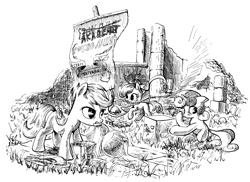 Size: 3396x2472 | Tagged: safe, artist:mcstalins, derpibooru import, apple bloom, scootaloo, sweetie belle, earth pony, pegasus, pony, unicorn, cutie mark crusaders, female, filly, foal, monochrome