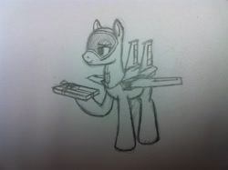 Size: 2592x1936 | Tagged: safe, derpibooru import, oc, oc only, original species, plane pony, f-15 eagle, holding, jet, jet fighter, jet plane, looking sideways, looking to side, looking to the left, male, pencil drawing, plane, present, raised hoof, raised leg, ribbon, simple background, smiling, solo, stallion, standing, traditional art, unnamed oc, white background