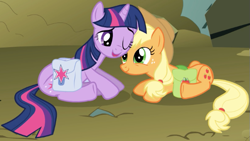 Size: 611x344 | Tagged: safe, derpibooru import, screencap, applejack, twilight sparkle, unicorn twilight, earth pony, pony, unicorn, dragonshy, season 1, bag, cropped, cute, duo, female, jackabetes, lying down, mare, nuzzling, one eye closed, prone, saddle bag, smiling, twiabetes