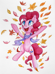 Size: 2048x2729 | Tagged: safe, artist:0okami-0ni, derpibooru import, pinkie pie, earth pony, pony, autumn, autumn leaves, clothes, female, leaves, mare, scarf, simple background, solo, traditional art, white background