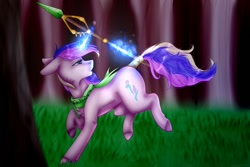 Size: 1500x1000 | Tagged: safe, artist:midnightmagic15, derpibooru import, oc, oc only, pony, unicorn, clothes, ears back, forest, glowing, glowing horn, horn, levitation, looking back, magic, running, scarf, solo, spear, tail, tail wrap, telekinesis, weapon