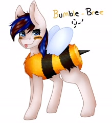 Size: 1813x2071 | Tagged: safe, artist:midnightmagic15, derpibooru import, oc, oc only, bee, bee pony, original species, pony, animal costume, bee costume, blushing, clothes, costume, looking at you, raspberry, smiling, solo, spread wings, tongue, tongue out, wings