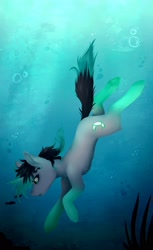 Size: 1253x2048 | Tagged: safe, artist:midnightmagic15, derpibooru import, oc, oc only, fish, pony, unicorn, bubble, coat markings, crepuscular rays, digital art, flowing tail, horn, ocean, seaweed, socks (coat marking), solo, sunlight, swimming, tail, underwater, water