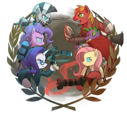 Size: 1024x1024 | Tagged: safe, artist:stupjam, derpibooru import, big macintosh, fluttershy, pinkie pie, rarity, spike, zecora, dragon, earth pony, pegasus, pony, unicorn, zebra, beefspike, democora, demoman, female, fluttermedic, heavy mac, heavy weapons guy, male, mare, medic, parody, pinkie pyro, pyro, rarispy, simple background, soldier, spy, stallion, team fortress 2, transparent background