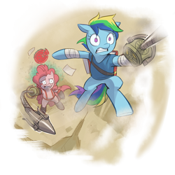 Size: 1024x1024 | Tagged: safe, artist:stupjam, derpibooru import, pinkie pie, rainbow dash, pony, female, grappling hook, mare, parody, pyro, rainbow scout, scout, simple background, team fortress 2, transparent background