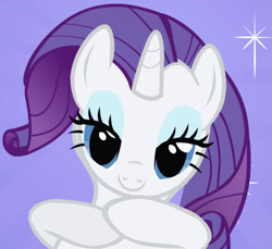 Size: 1025x937 | Tagged: safe, derpibooru import, screencap, rarity, pony, unicorn, friendship is magic, season 1, beautiful, blue eyes, cropped, cute, dhx is trying to murder us, female, gray fur, hands together, hasbro is trying to murder us, lidded eyes, looking at you, mare, purple mane, raribetes, smiling, solo, stars, weapons-grade cute