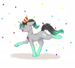 Size: 2048x1840 | Tagged: safe, artist:midnightmagic15, derpibooru import, oc, oc only, unicorn, birthday, confetti, ears, floppy ears, happy, hat, open mouth, open smile, party hat, raised hoof, raised leg, smiling, solo