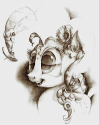 Size: 1024x1287 | Tagged: safe, artist:lordgood, derpibooru import, pinkie pie, earth pony, pony, bust, female, flower, flower in hair, mare, monochrome, pencil drawing, smiling, solo, traditional art