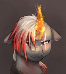 Size: 1463x1640 | Tagged: safe, artist:midnightmagic15, derpibooru import, pony, unicorn, angry, bust, curved horn, ears back, eye scar, facial scar, fire, glowing, glowing horn, hair over one eye, horn, looking at you, scar, snarling, solo