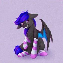 Size: 2048x2032 | Tagged: safe, artist:midnightmagic15, derpibooru import, bat pony, pony, chest fluff, clothes, ears, floppy ears, grin, looking at you, smiling, socks, solo, spread wings, striped socks, wings