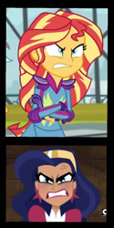 Size: 630x1261 | Tagged: safe, artist:carlosuriel13, derpibooru import, sunset shimmer, equestria girls, friendship games, angry, argument, crossover, dc comics, dc superhero girls, diana prince, wonder woman